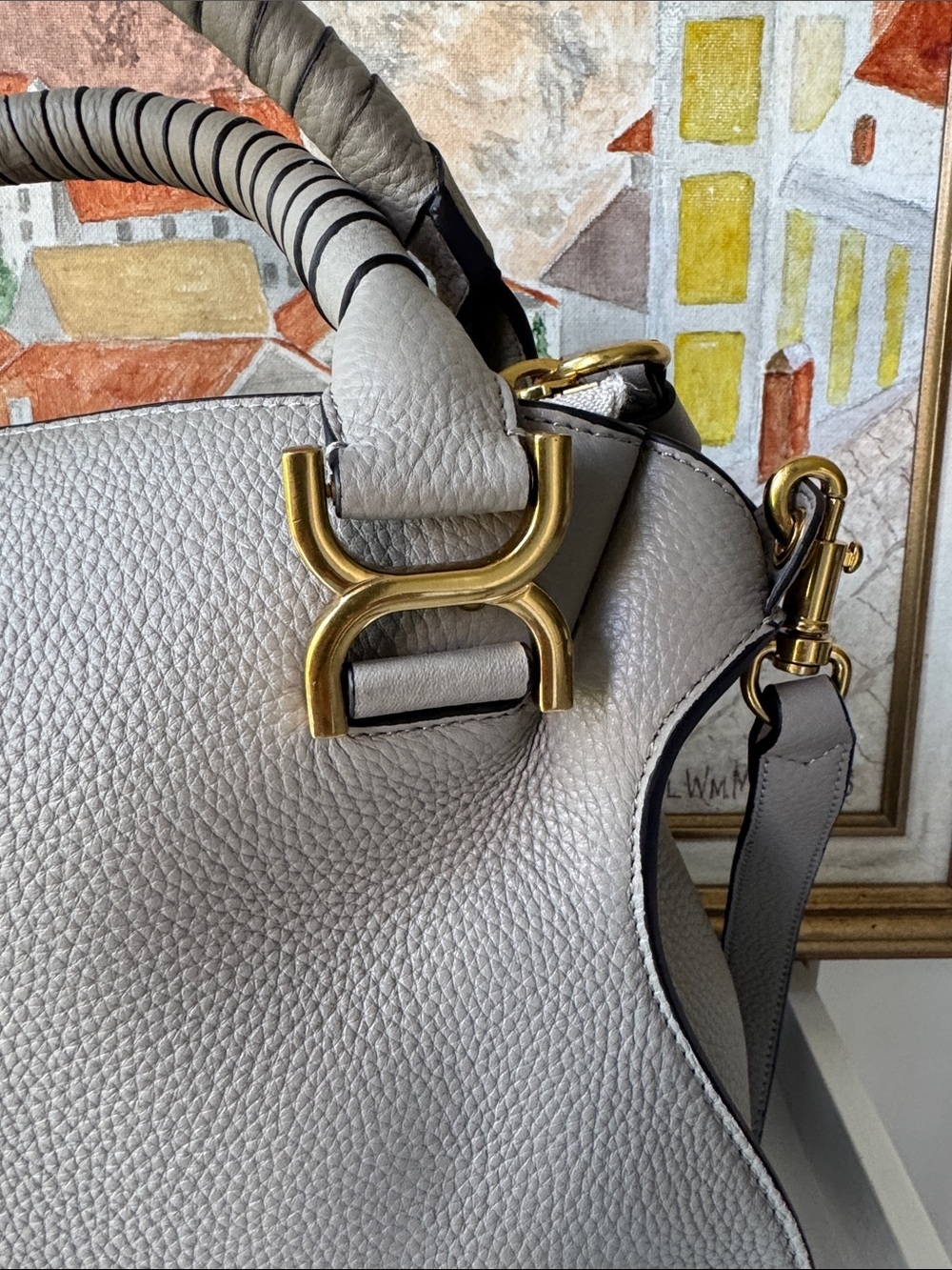 Neutral Taupe Gray Shoulder Bag with Gold Hardware - Picture 3 of 12